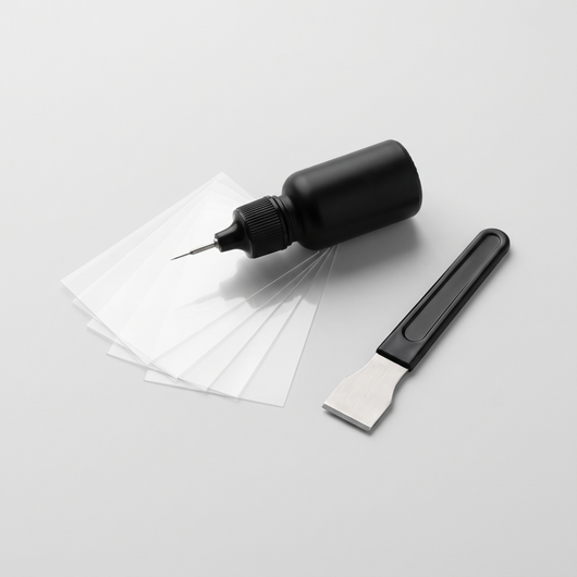Havenford GlassFix windshield repair kit: resin applicator, curing films and razor blade